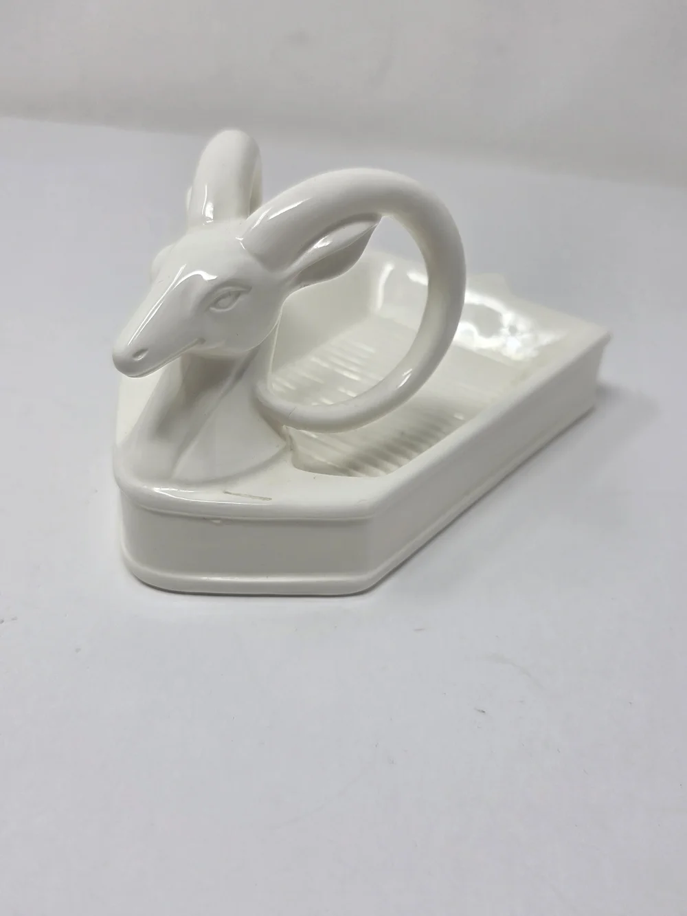 Vintage White Ceramic long horn sheep large soap dish / trinket tray 7